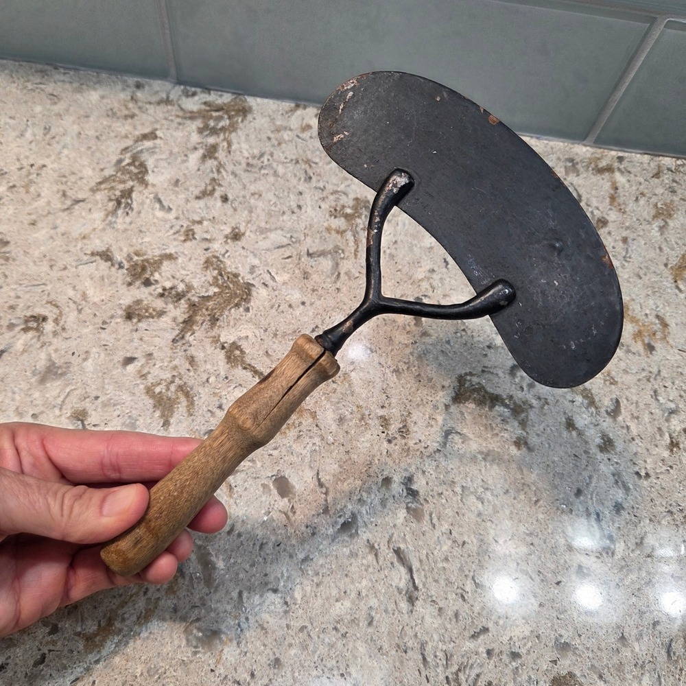 Antique Primitive Herb Chopper Mezzaluna Hand Forged Steel Wood Handle 8.5 inch